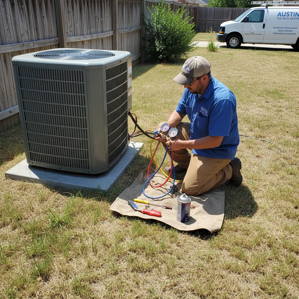 AC repair technician servicing an outdoor condenser unit in an Austin home
