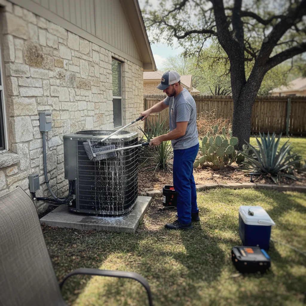 Condenser coil cleaning as part of an AC tune-up in an Austin home