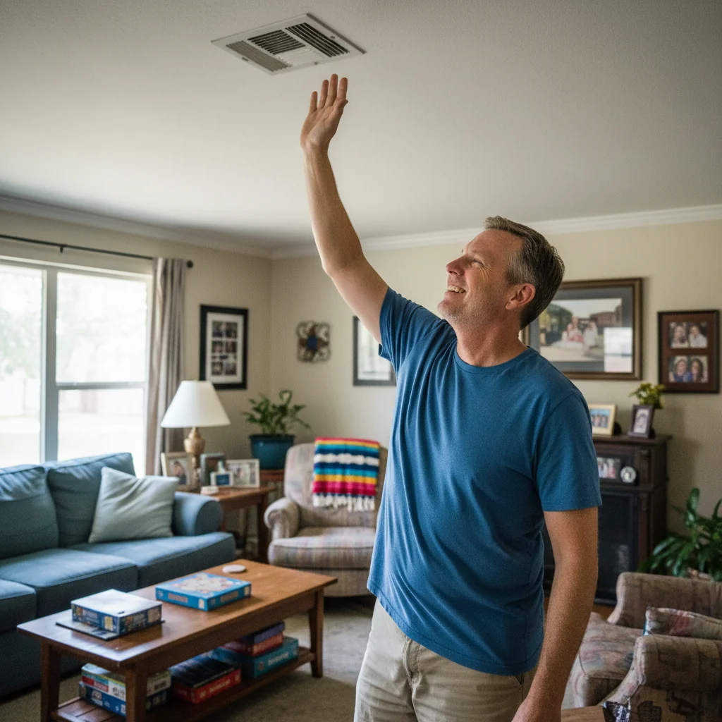 Happy homeowner with a working air conditioner after repair in an Austin home