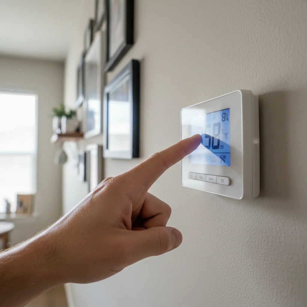 Technician programming a smart thermostat during a service call in an Austin home